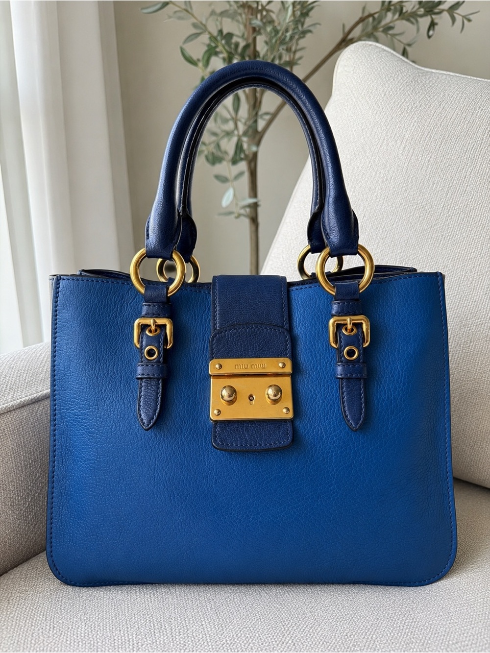Miu Miu Two-Tone Blue Madras Leather Top Handle Satchel Tote Gold Lock Handbag